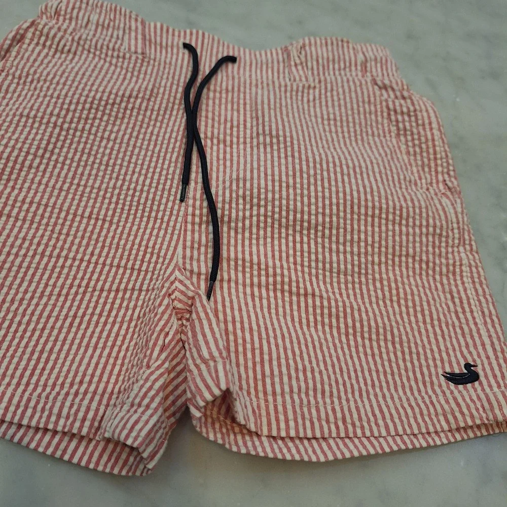 Southern Marsh Swim Trunks Youth Small Red Seersucker Stripe Board Shorts Preppy